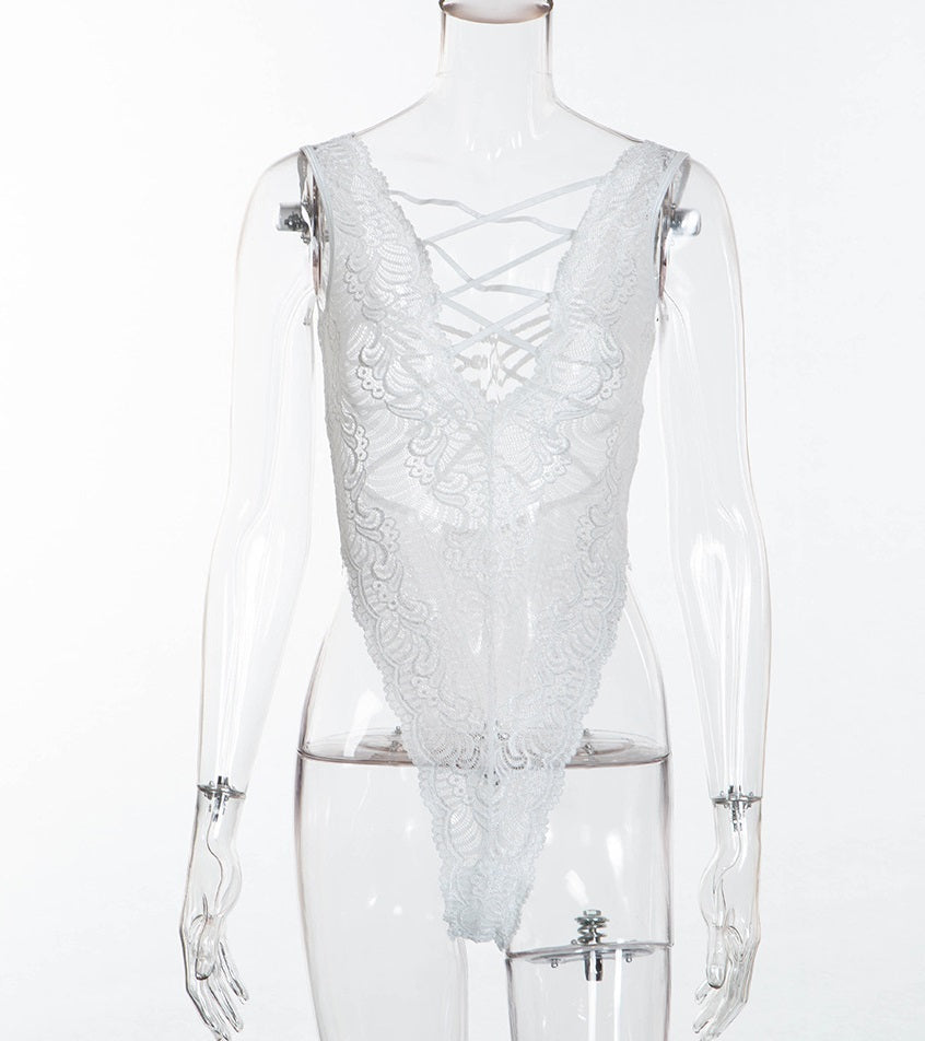 Sexy lingerie white lace perspective one-piece seduction suit