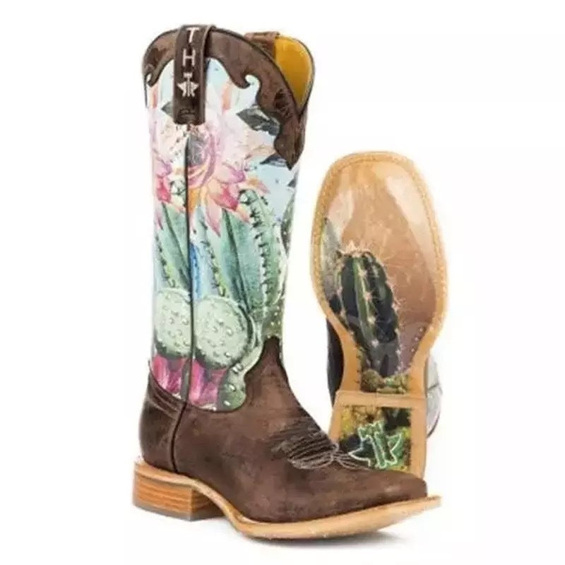 Calf Flower Print Patchwork Mixed Color Womens Shoes Slip On Beautiful Party Retro Western Boots