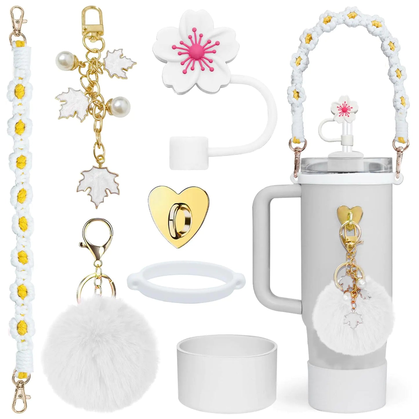 Stanley Cup Accessories Set-Woven Water Bottle Handle Strap Siliocne Stanley Cup Boot Stanley Charms for Stanley Cup 40oz Tumbler,Straw Cover Cap(White)