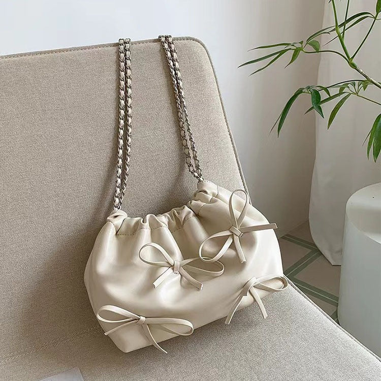 Knotted Chain Cross-body Tote Bag Casual Cute Soft Leather Single Shoulder Bucket Bag