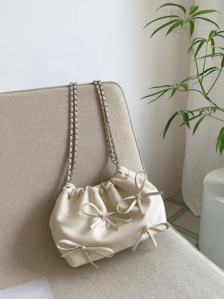 Knotted Chain Cross-body Tote Bag Casual Cute Soft Leather Single Shoulder Bucket Bag