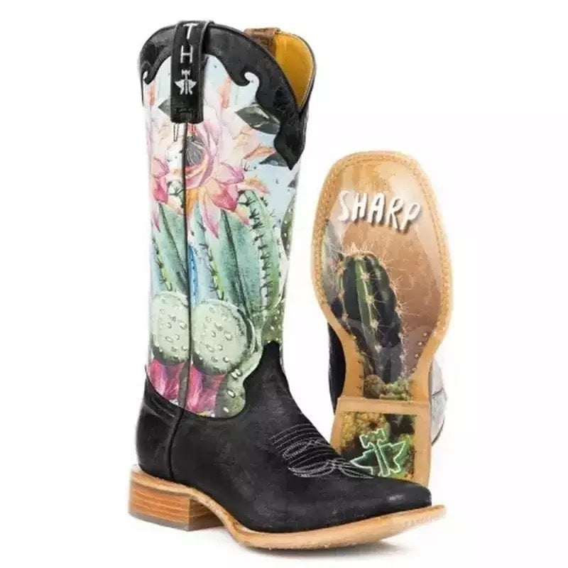 Calf Flower Print Patchwork Mixed Color Womens Shoes Slip On Beautiful Party Retro Western Boots