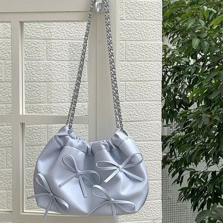 Knotted Chain Cross-body Tote Bag Casual Cute Soft Leather Single Shoulder Bucket Bag