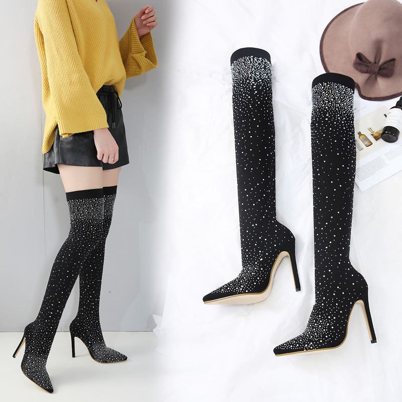 High-heeled knee boots pointed elastic women's boots rhinestone stiletto boots