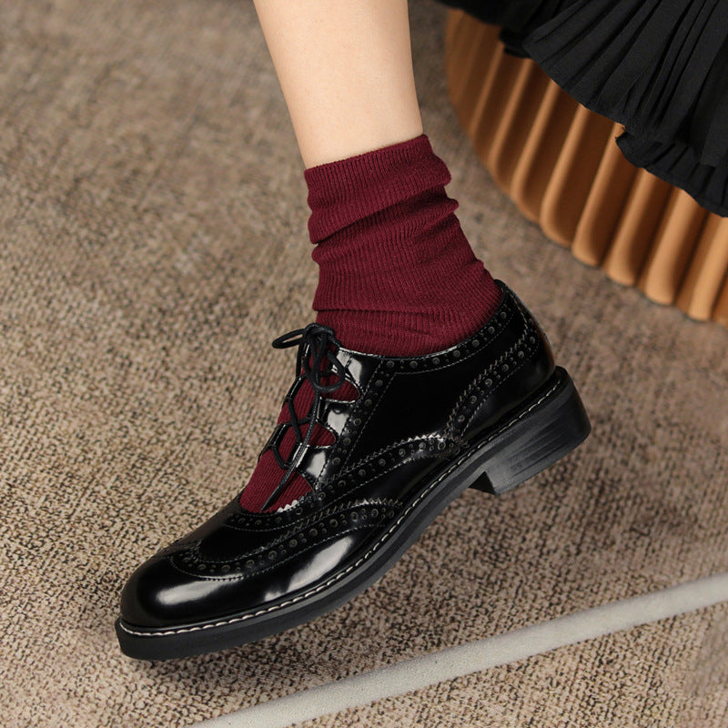 Single Shoes Womens Color Matching Carved Patent Leather Lace-up Loafers French Retro