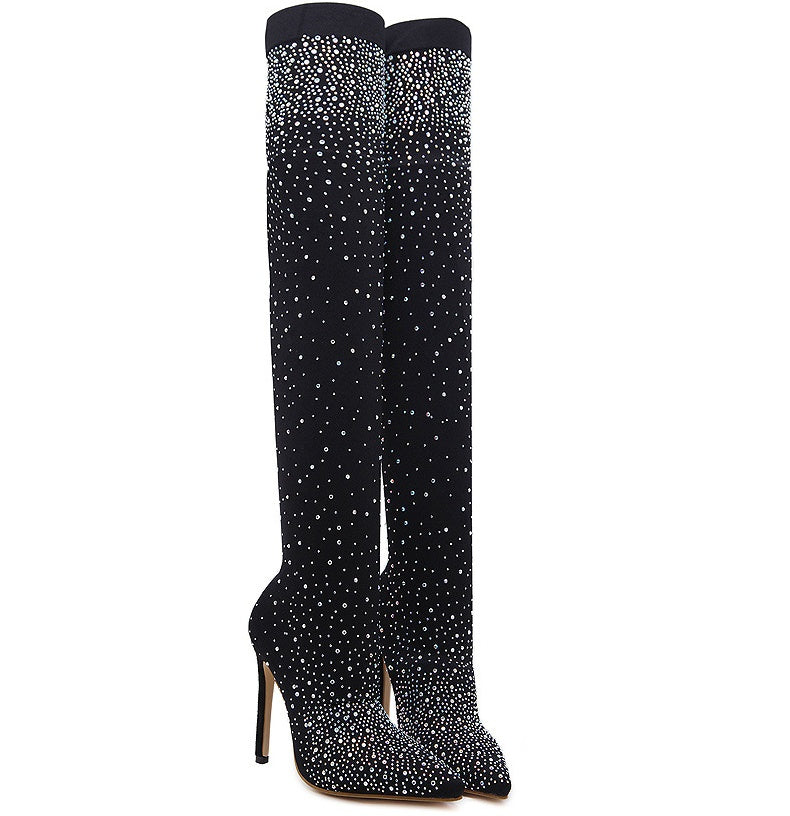 High-heeled knee boots pointed elastic women's boots rhinestone stiletto boots