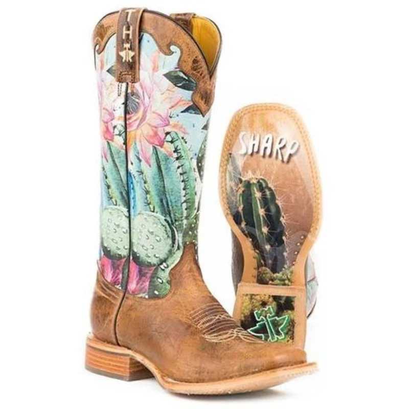 Calf Flower Print Patchwork Mixed Color Womens Shoes Slip On Beautiful Party Retro Western Boots