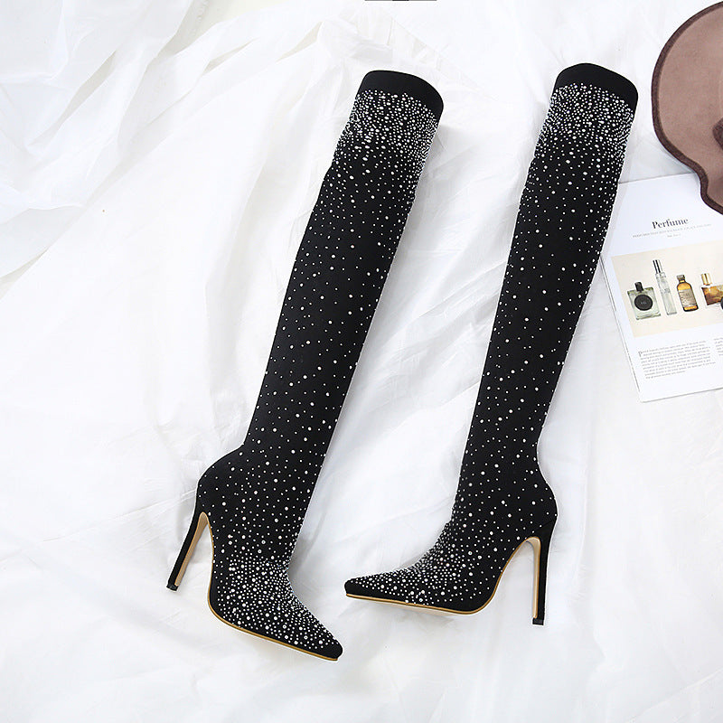 High-heeled knee boots pointed elastic women's boots rhinestone stiletto boots