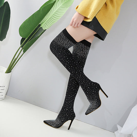 High-heeled knee boots pointed elastic women's boots rhinestone stiletto boots