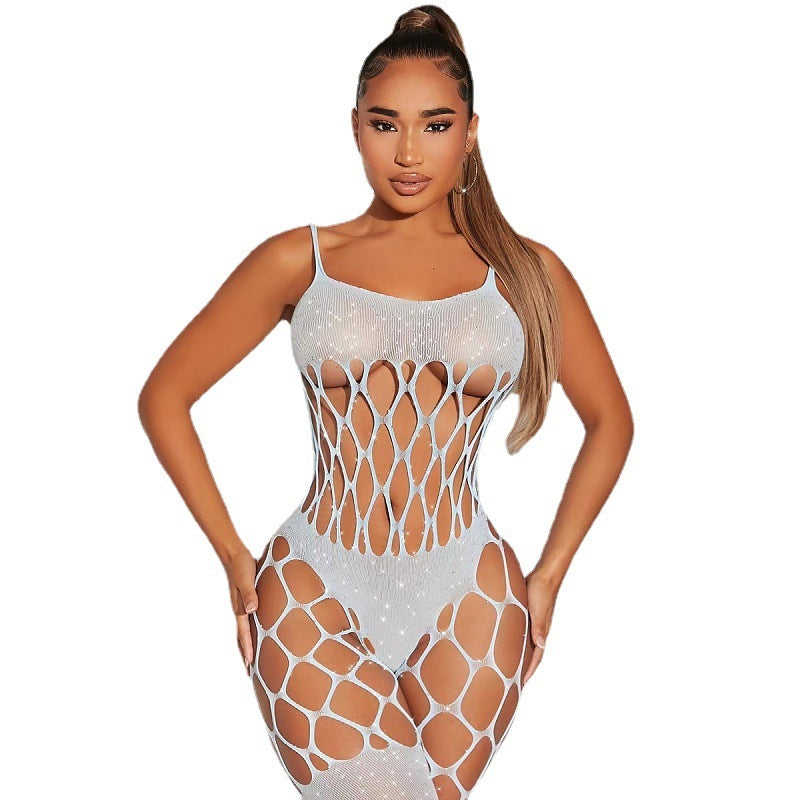 New Sexy Hollow Hook Mesh  Hot Rhinestone One-piece Sexy Lingerie