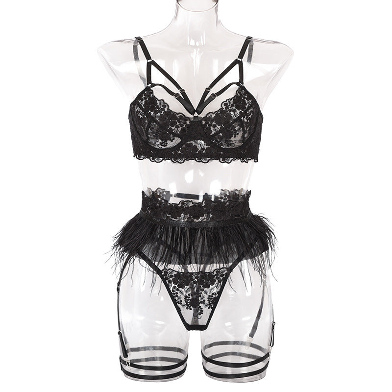 Erotic lace feather three piece suit underwear