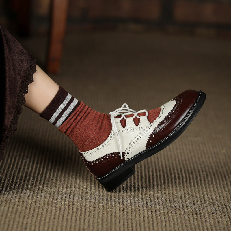 Single Shoes Womens Color Matching Carved Patent Leather Lace-up Loafers French Retro
