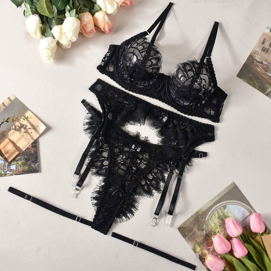 European And American Style Lace Three-point Sexy Sling Steel Ring 3-piece Sexy Lingerie