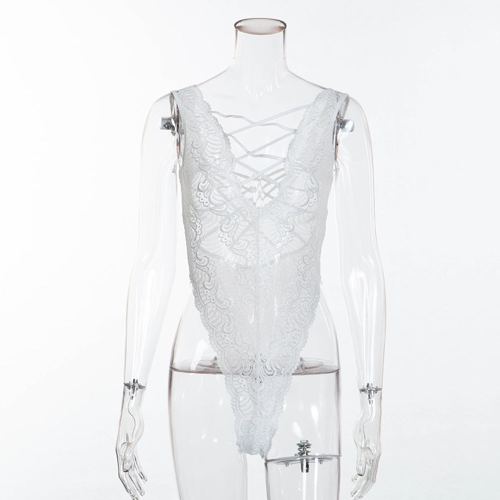Sexy lingerie white lace perspective one-piece seduction suit