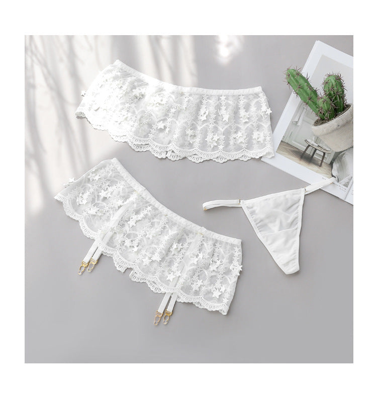 Beautifully Embroidered Star Tube Top Mesh One-shoulder Three-piece Sexy Lingerie