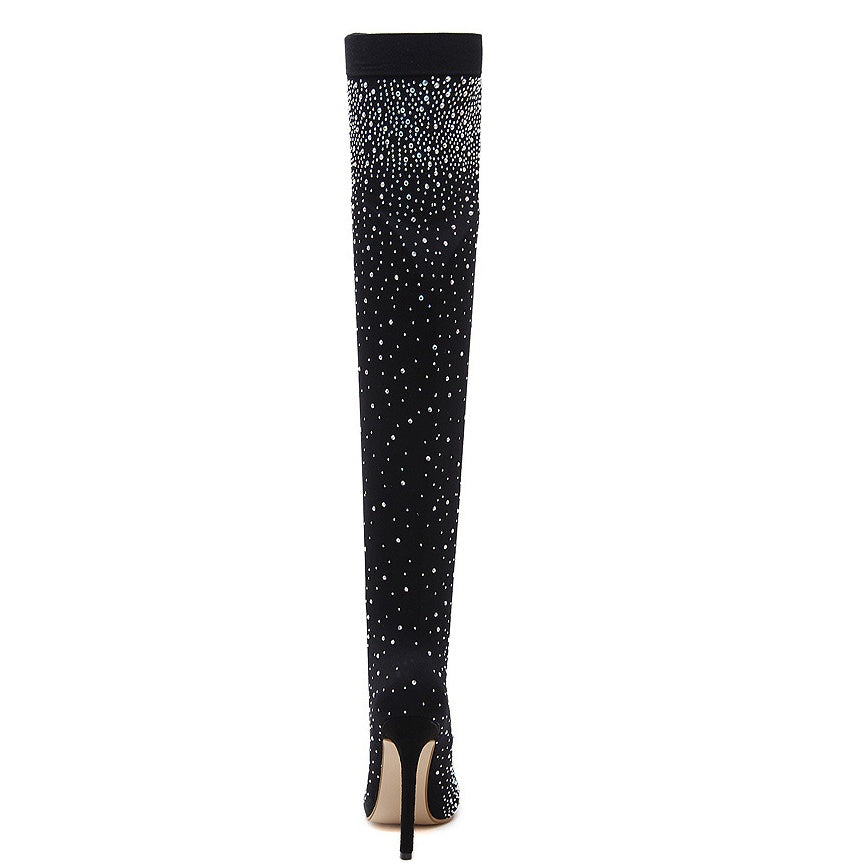 High-heeled knee boots pointed elastic women's boots rhinestone stiletto boots