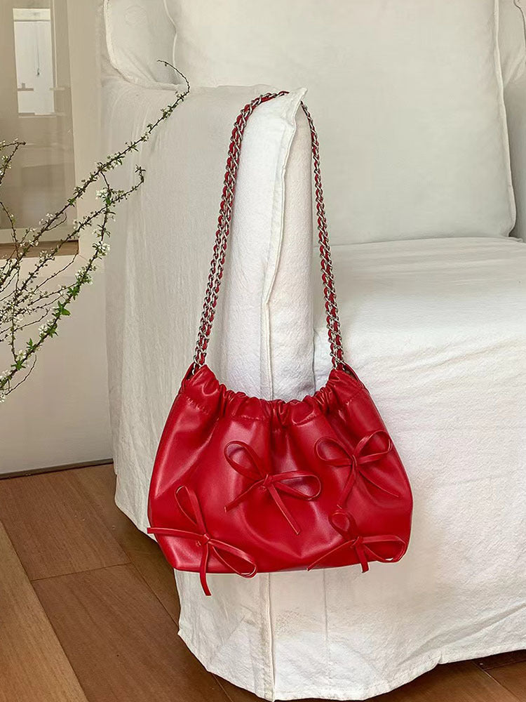 Knotted Chain Cross-body Tote Bag Casual Cute Soft Leather Single Shoulder Bucket Bag