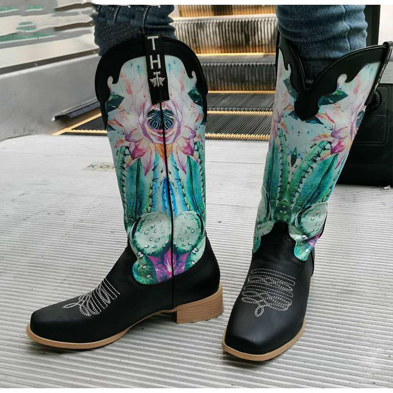 Calf Flower Print Patchwork Mixed Color Womens Shoes Slip On Beautiful Party Retro Western Boots
