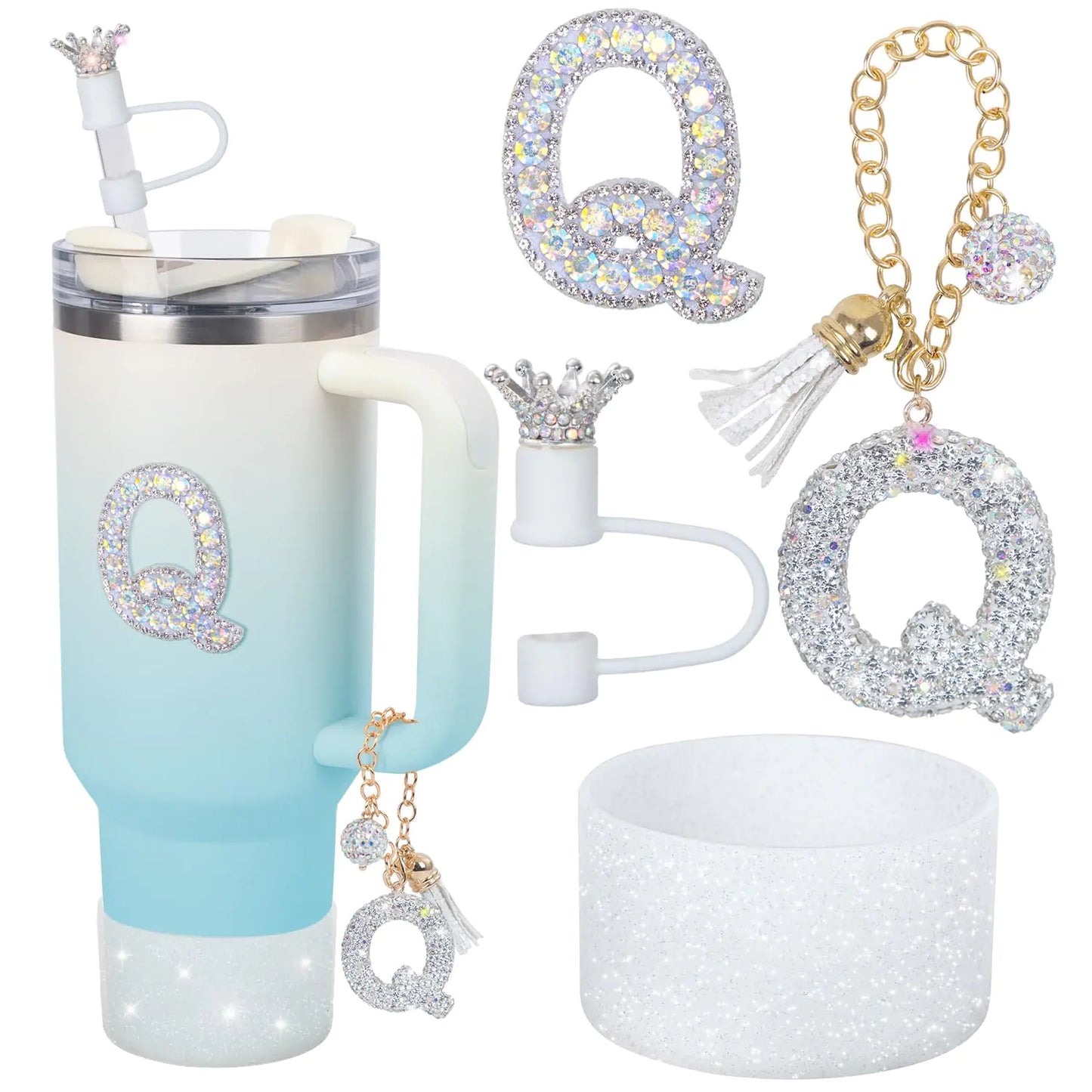 foci cozi Letter Charms for Stanley Cup HandleSilicone Boot Accessories Charms for Stanley Cup 40oz 30ozCrown Straw Cover Topper & Diamond Sticker(Q)