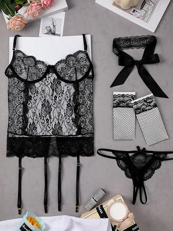 Sexy Lingerie Extreme Cosplay 4 Piece Lace Babydoll Sheer Lingerie Cosplay Etching Erotic Lingerie Fancy Dress Costume Thong Thong Stockings Black Lace Eye Mask Etching
