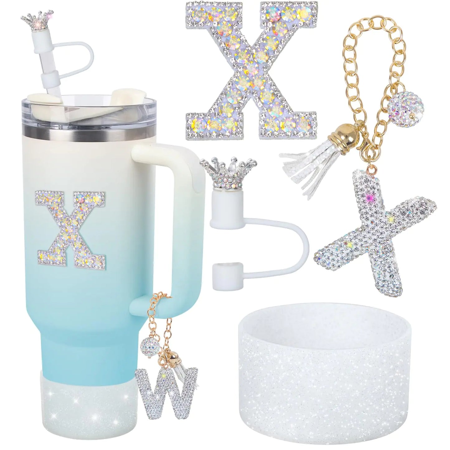 foci cozi Letter Charms for Stanley Cup HandleSilicone Boot Accessories Charms for Stanley Cup 40oz 30ozCrown Straw Cover Topper & Diamond Sticker(Q)