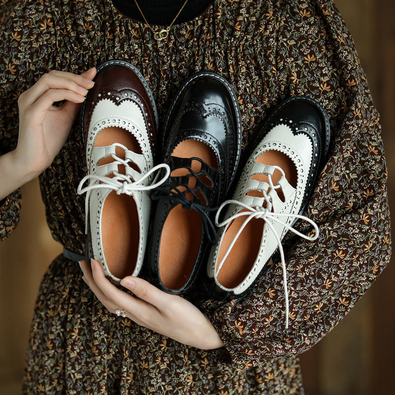 Single Shoes Womens Color Matching Carved Patent Leather Lace-up Loafers French Retro